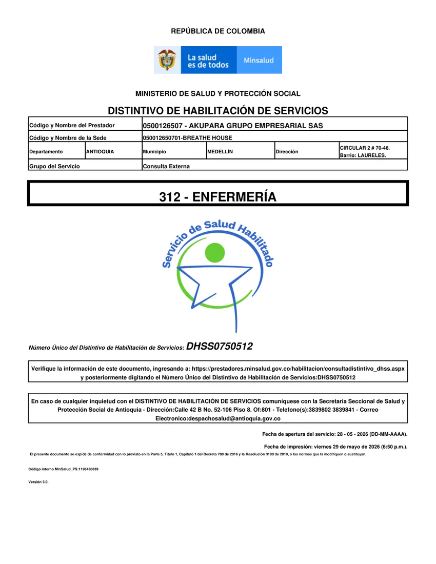 Distintivo de habilitación · Enfermería (DHSS0750512)
