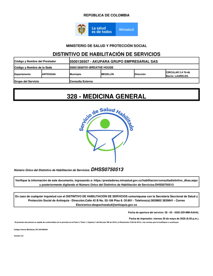 Distintivo de habilitación · Medicina general (DHSS0750513)
